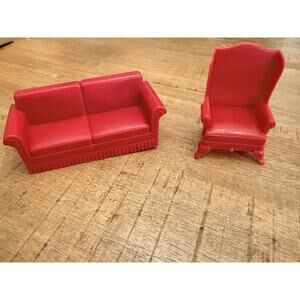 Marx Vintage Dollhouse, Living Room Furniture, Red Couch, Sofa Armchair ￼